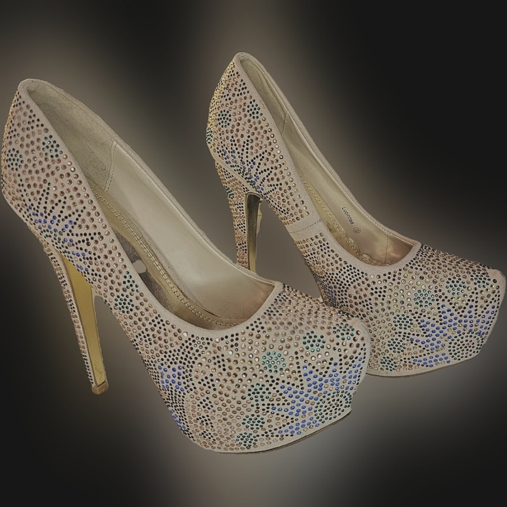 Platform Rhinestone Heels, Beige,Gold, Teal